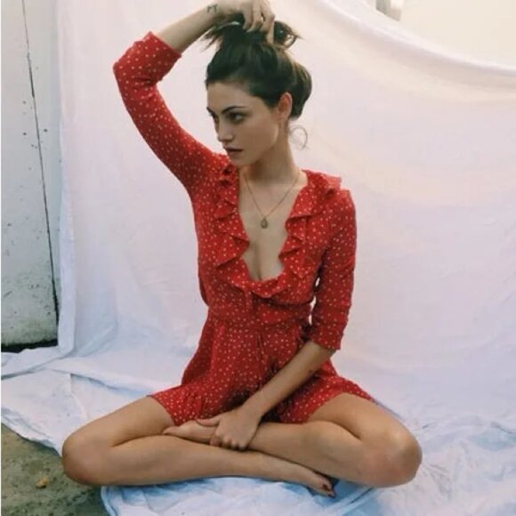 Realisation Par Alexandra Ruffled Silk Wrap Mini Dress Red Star Print - Picture 3 of 12